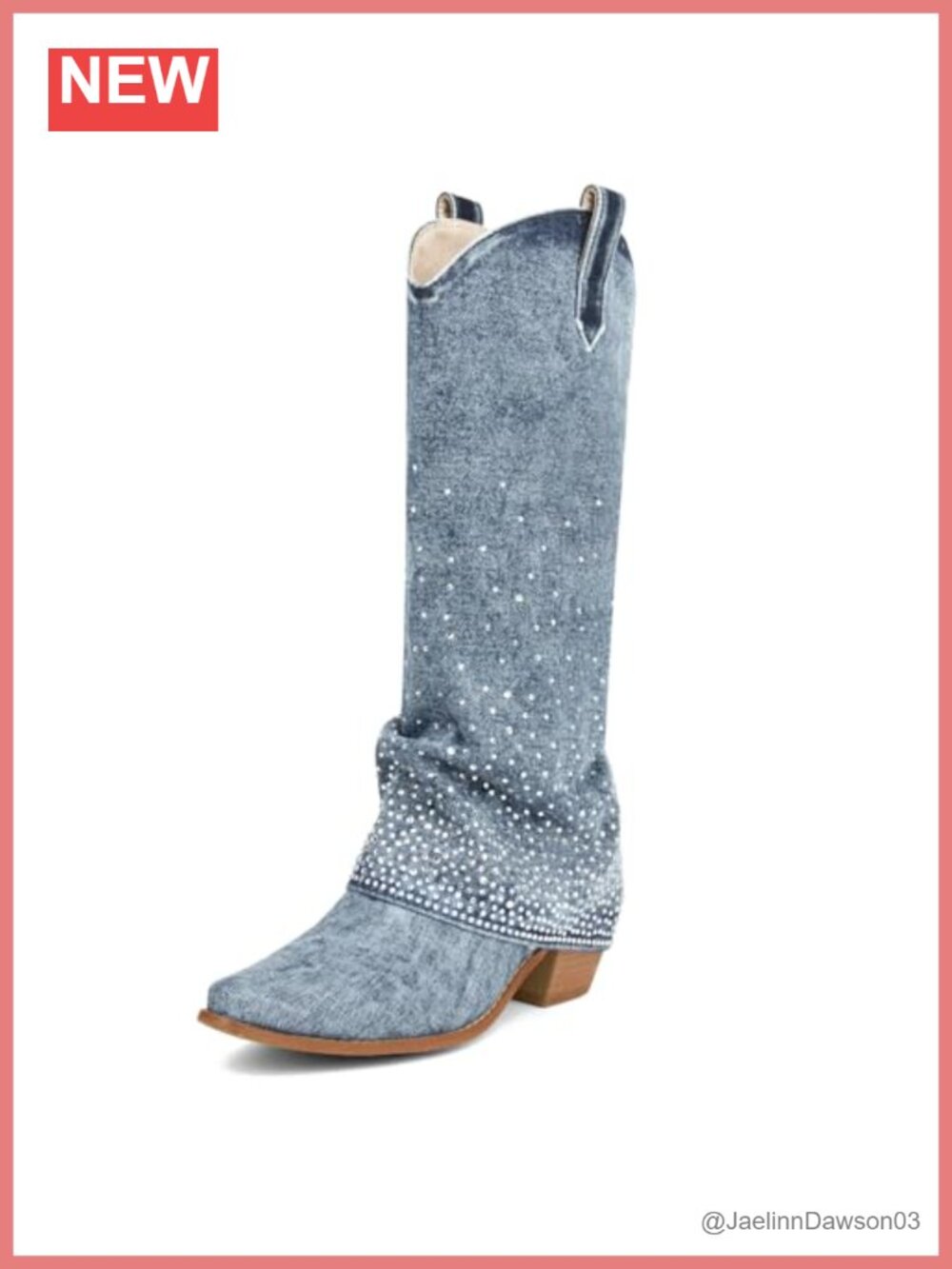 Rhinestone Denim Cowboy Boots for Women Fold Over Knee High Pull-On Dressy